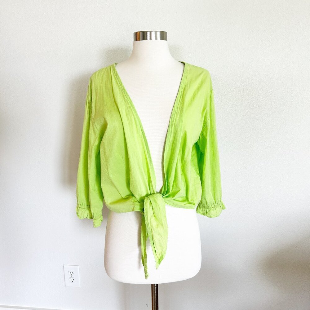 Vintage Phool Topper M Lime Green Tie Front 3/4 Sleeve Crop Coverup